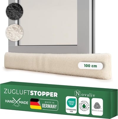 Tochtstopper voor deuren 100cm natuurlijke scheerwol  houdt tocht en kou tegen, dempt geluid/stof/licht, antislip, geen boren nodig; voor appartement/voordeur, dicht deurspleet af, één stuk
