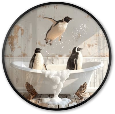 Poster in lijst Rond - Fotolijst 60x60 cm - Posters - Vintage - Pinguïn - Badkuip - Schuim - Ronde posterlijst zwart - Decoratie - Wanddecoratie woonkamer - Muurdecoratie slaapkamer