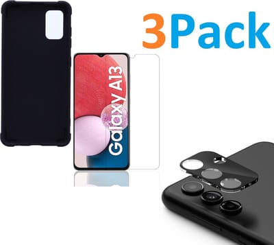 Anti-Schok Siliconen Hoesje Back Cover zwart + Tempered Glass Screen Protector  + Camera lens Beschermer zwart Geschikt voor: Samsung Galaxy A13 5G