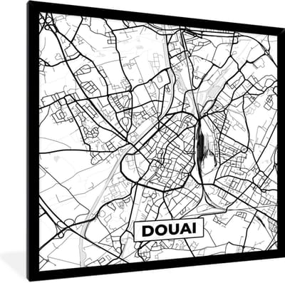 Fotolijst incl. Poster Zwart Wit- Frankrijk - Douai - Stadskaart - Plattegrond - Kaart - Zwart wit - 40x40 cm - Posterlijst