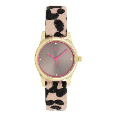 OOZOO Timepieces - Goudkleurige horloge met bruin/zwarte leren band - C11626