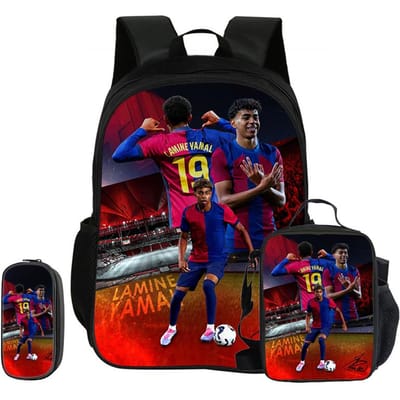 Kinderrugzak L-Lamin Yamal Voetbalster 3-delige Set Schoolrugzak Etui's Boekentas met Lunchtas Sportrugzak Kindercadeau