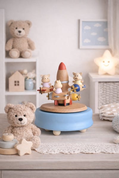 Bébli - Muziekdoos - Wooden Music Box - Flying Pig - Melody: 'The city of the sky' - Het perfecte cadeau voor een verjaardag of babyshower