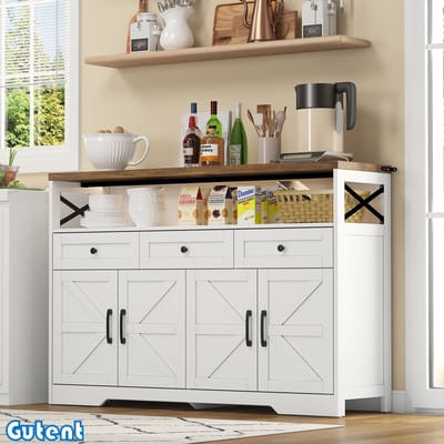 Gutent Dressoir - 140 cm - Opbergruimte - met 3 laden - met legplanken - Rustiek - Wit/Bruin