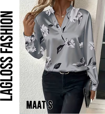 LaGloss® Zilvergrijze Dames Blouse met Bloemenprint en V-Hals – Satijnlook – Zomer/Lente/Herfst/Winter – Klassiek – Maat S
