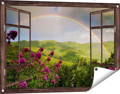 Gards Tuinposter Doorkijk Regenboog in de Heuvel Bossen - 90x60 cm - Tuindoek - Tuindecoratie - Wanddecoratie buiten - Tuinschilderij