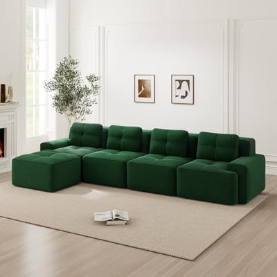 Wishdor - Modulaire 4-Zits Bank - Diepe Zitting En Antislip Onderzijde - Minimalistisch Ontwerp - Voor Woonkamer - Ribstof - Groen - L-Vormig Ligdeel