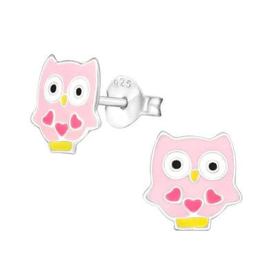 Aramat Jewels | Oorbellen | Zilveren Uiltjes Oorbellen - Roze Emaille - Cadeautje | | | |7mm | Zilver | Kinderen | Verkleurd niet