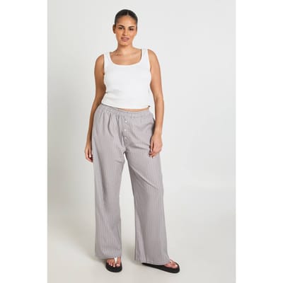 boohoo Dames Plus Gestreepte Poplin Henley Knoop Broek | Grijs | Maat: 44