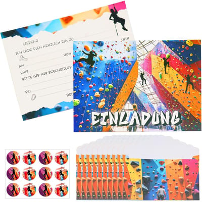 Dailygoods - Seasboes Uitnodigingskaarten, 12 uitnodigingskaarten, 12 enveloppen, 12 stickers, klimhal, uitnodigingskaarten, klimpark, partykaarten, kinderverjaardag, feest, uitnodigingskaarten voor jongens en
