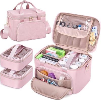 Prokva Medicijn Opbergtas met 2 Medische Zakken, Pill Bottle Organizer Bag Lege Eerste Hulp Zak voor Reizen, Thuiszorg, Roze (Alleen Lege Zak)