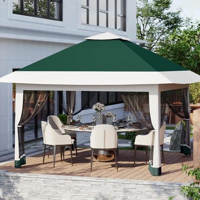 12x12 pop-up feesttent (met muskietennet) — Grote feesttent, ideaal voor op het terras — Waterdicht en UV-bestendig — Eenvoudig op te zetten — Feesttent die direct in de tuin, achtertuin of op het gazon kan worden opgezet — Donkergroen, grijs