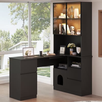 OKWISH Hoekbureau - Met Kast En Led-Vitrinekast - Voor Thuiswerk En Studie - 120 x 80 x 180 cm - MDF - Zwart