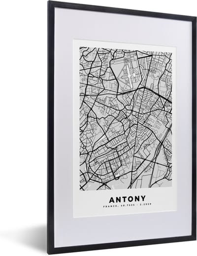 Fotolijst incl. Poster - Plattegrond - Kaart - Stadskaart - Frankrijk - Antony - 40x60 cm - Posterlijst