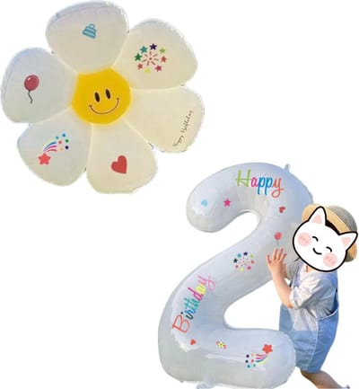 LoHa party®Daisy Folie ballonnen Set-XXL Cijfer Folie Ballon 2-Instagram-Tik Tok-Happy Birthday Sticker -Bloem ballon-Wit-Helium Ballonnen-Bruiloft-Verjardaag-Baby shower-Feestpakket-Viesering-Decoratie-4Stuks