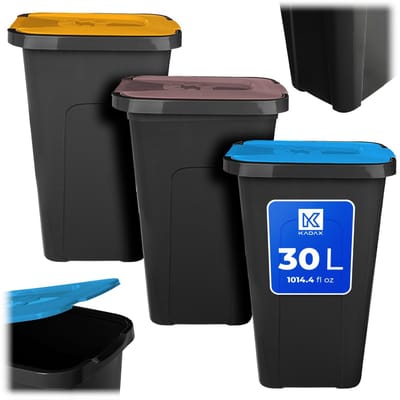 KADAX Vuilnisemmerset voor afvalscheiding, 3 x 30 liter, afvalemmerset voor afvalscheidingssysteem, afvalsorteerder, afvalcontainer van kunststof met klapdeksel (3, bruin, geel en blauw)