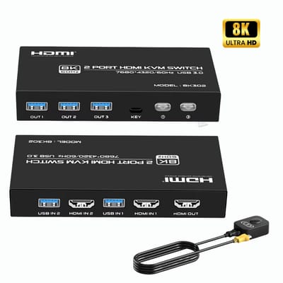 Delmark KVM Switch - HDMI 2 PC's naar 1 Monitor - 8K60Hz - HDMI 2.1 - 4x USB 3.0 Poorten - Inclusief HDMI en USB kabels - 2 PC's op 1 Monitor