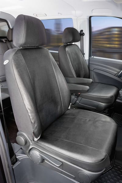 Walser Autostoelhoes Transporter Fit Kunstleer antraciet geschikt voor Mercedes-Benz Viano/Vito - 2 afzonderlijke voorstoelen (armleuninguitsparing binnenin)