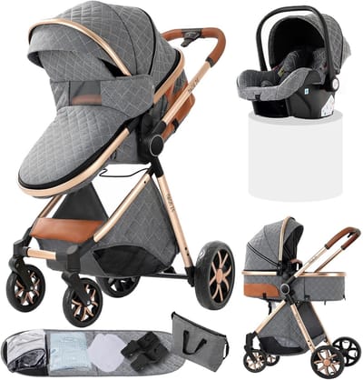 3-in-1 Kinderwagen voor Pasgeborenen met Omkeerbare Duwmodus en Opvouwbaar Ontwerp