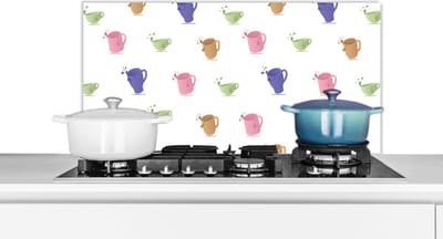 Spatscherm keuken 90x45 cm - Kookplaat achterwand Patronen - Thee - Theekop - Muurbeschermer - Spatwand fornuis - Hoogwaardig aluminium