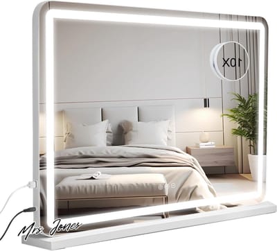 Mrs. Jones Make-up Spiegel 80x57 cm - Cosmetica Spiegel met LED Lampen Dimbaar 3 Verlichtingsmodi Geheugenfunctie USB Oplader Touch Control Wandmontage - Wit .
