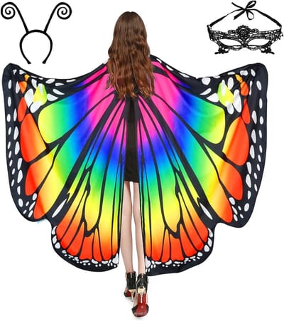Vrouwelijk Vlinder Kostuum Set van 3 voor Halloween met Vleugels, Cape, Gezichtsmasker en Hoofdband voor Carnaval