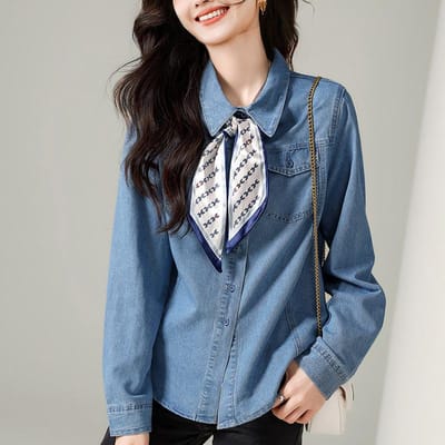Nieuwe Herfstkleding met Sjaal en Veelzijdige Dunne Denim Blouse voor Dames 2XL gray