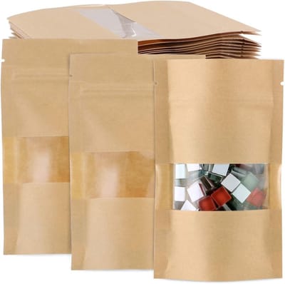 100 Pcs Kraft Paper Stand Up Food Bags - Herbruikbare Zipper Bags voor Voedselopslag, Bruine Papieren Verpakkingen met Transparant Venster, 9x14cm