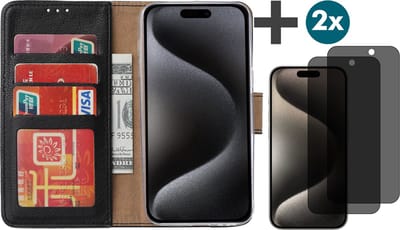 Hoesje met Privacy Screenprotectors 2 Stuks Geschikt voor iPhone 15 Pro – Arara bookcase met pasjeshouder - Zwart
