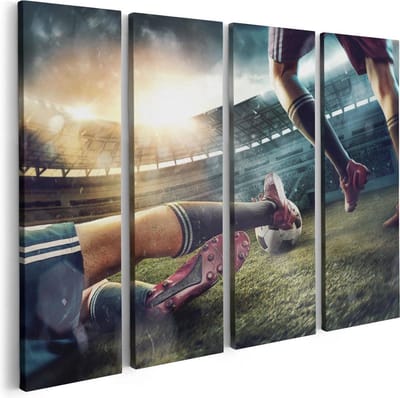 Artaza Canvas Schilderij Vierluik Voetbal Sliding In Het Stadion - 80x60 - Foto Op Canvas - Canvas Print