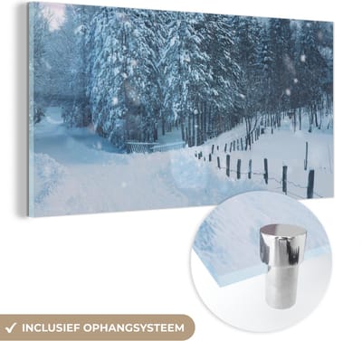 MuchoWow® Glasschilderij 40x20 cm - Schilderij acrylglas - Bos - Sneeuw - Winter - Foto op glas - Schilderijen