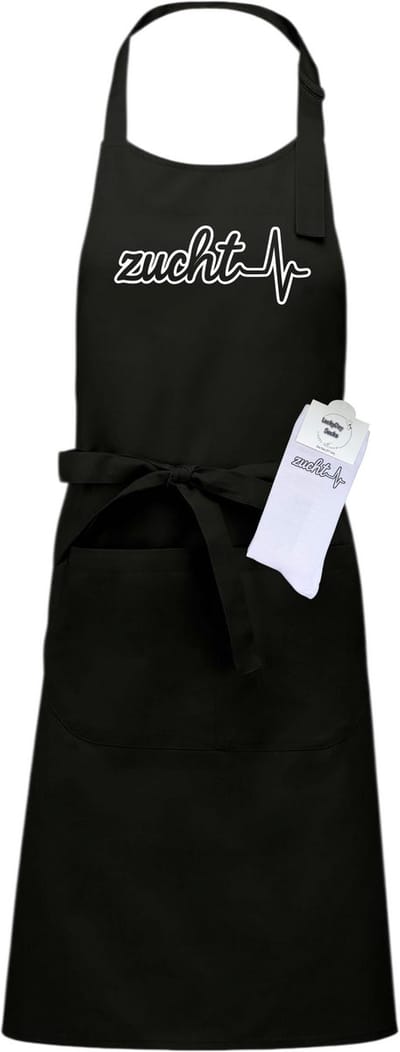 Luxe Hobby Keukenschort en sokken met tekst - Cadeau set - Zucht hartslag - Pensioen cadeau - Zwart - Verstelbaar - Cadeau idee - Verjaardag cadeau - Cadeau dames en heren - Moederdag - Vaderdag - Afscheid - Kerst cadeau - Grappig cadeau - Onesize