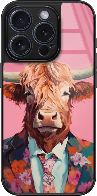 Casimoda® hoesje - Geschikt voor iPhone 15 Pro - Schotse Hooglander - Luxe Hard Case Zwart - Backcover telefoonhoesje - Multi