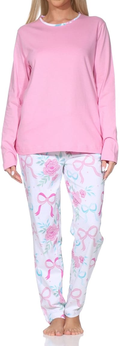 Normann dames lange pyjama in een stijlvolle look met strikken als motief