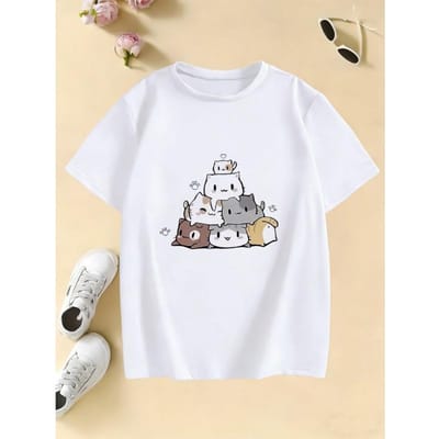 Zomer- en Lentetopjes Casual Schattige Kat Emoji Grappig T-shirt Cartoon voor Kinderen 160