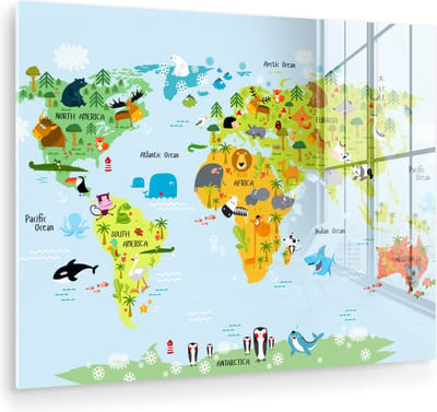 MuchoWow® Glasschilderij 160x120 cm - Schilderij acrylglas - Wereldkaart - Kinderen - Dieren - Natuur - Jongens - Meisjes - Foto op glas - Muurdecoratie woonkamer - Wanddecoratie slaapkamer - Schilderijen