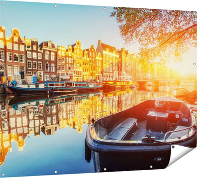 Gards Tuinposter Amsterdamse Brug - Gracht - met Bloemen - 160x120 cm - Tuindoek - Tuindecoratie - Wanddecoratie buiten - Tuinschilderij
