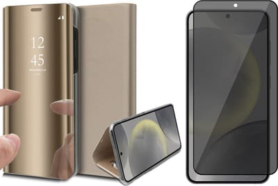 Hoesje geschikt voor Samsung Galaxy S24 - Privacy Screenprotector Volledig Dekkend Glas - Spiegel Book Case Goud