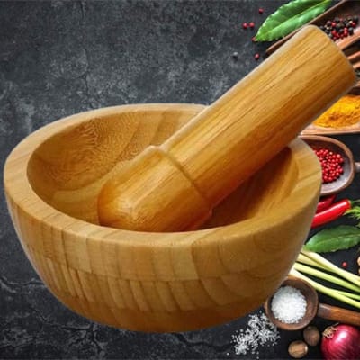 Vijzel met stamper van Bamboe Hout Ø13 cm - Fijnstampen en vermalen van Kruiden - Vijzel en stamper - Afm 13x13x5.5 Cm