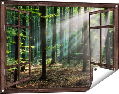Gards Tuinposter Doorkijk Bos met Zon tussen de Bomen - 90x60 cm - Tuindoek - Tuindecoratie - Wanddecoratie buiten - Tuinschilderij
