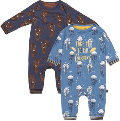 Charlie Choe - 2pack - Navy - Blauw - Boxpak - Salopette - Kruippakje - Babypakje - Jumpsuit - Geboortepakje - Romper - Kwalletjes - Tijgers - Maat 62