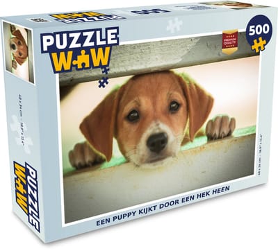 Puzzel Een puppy kijkt door een hek heen - Legpuzzel - Puzzel 500 stukjes