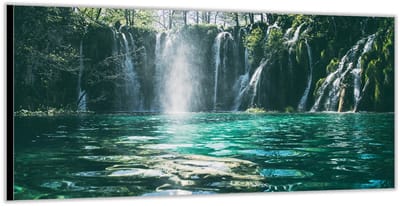 KuijsFotoprint - Schilderij - Watervallen In Het Meer - Groen En Blauw - 100 X 200 Cm