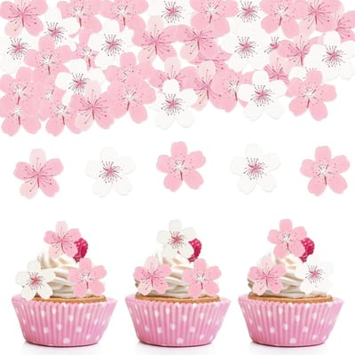 Dailygoods- Eetbare Bloemen 60 Stuks - Taartdecoratie - Cupcaketopper - Wafelpapier - Roze/Wit - Geschikt voor Feesten
