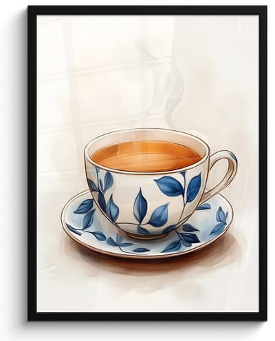Poster in lijst - Fotolijst 50x70 cm - Posters - Theekop - Bladeren - Blauw - Posterlijst zwart - Decoratie - Wanddecoratie woonkamer - Muurdecoratie slaapkamer