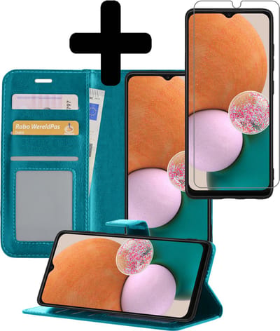 Hoesje - Met Screenprotector - Geschikt voor Samsung Galaxy A13 5G - Luxe Pasjeshouder - Bookcase Portemonee - Flip Case - Kunstleer Book Case - Flipcase - Book Cover - Walletcase - Portemonneehoes - Telefoonhoesjes - Turquoise