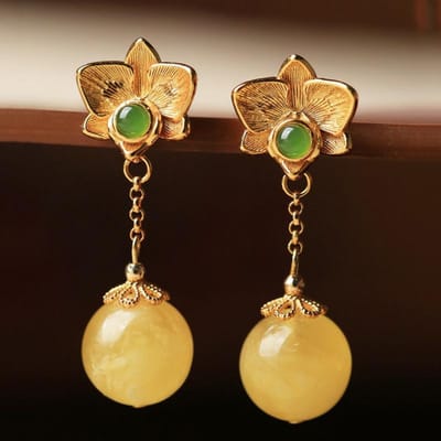 Boucles d'oreilles fleurs artisanales en or ancien pour femmes classiques topaze naturelle calcédoine style chinois haut rond longues puces d'oreilles bijoux brown