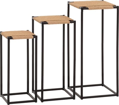 Set van 3 bloementafels MCW-N70, bijzettafel bloemenstandaard plank, stapelbaar, metalen papieren koord ~ natuurlijke kleur