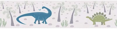 Kinderbehang Profhome 771411-GU behangrand glad met dinosaurussen mat grijs crèmewit blauw groen 5 m