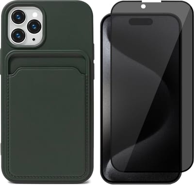 Hoesje Pasjeshouder geschikt voor iPhone 15 Pro - Privacy Screenprotector FullGuard - Siliconen Case Back Cover Groen & Screen Protector